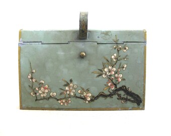 Vintage Silent Butler Crumb Box with Flower Theme Painted Metal Storage and Organization