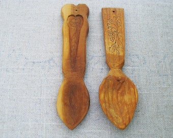 Vintage Carved Folk Art Loving Spoon Wood Carving Utensil Flower Design Housewarming Gift