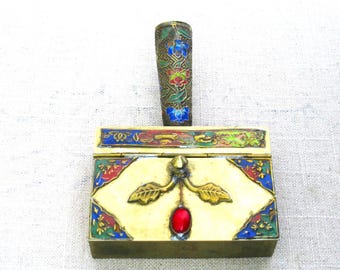 Brass Enamel Silent Butler, Small Metal Box, Storage Dining Room, Small Hostess Gift
