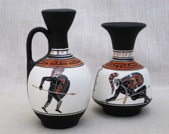 Vintage Greek Vase Ceramic Black Figure Vessels Grecian Style Pitcher Hand Painted Reproductions