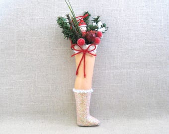 Folk Art Christmas Tree Ornament, Vintage Doll Leg in Sheer Stocking, Boots Odd and Unusual Holiday Hostess Gift
