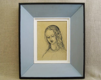 Vintage Female Portrait Ink Drawing by Vicente Brito Framed Original Fine Art, Mid-Century Wall Décor