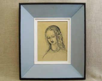 Classical Female Portrait Ink Drawing, Original Framed Wall Art, Vicente Brito Vintage Mid-Century Décor