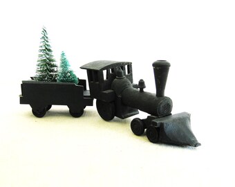 Primitive Train Folk Art Toy Wooden Sculpture, Vintage Christmas Village Display Man Cave Gift