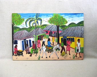 Vintage Haitian Original Painting, Tropical Street Scene Signed Lionel