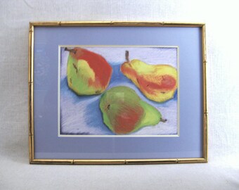 Pear Fruit Still Life Drawing, Original Framed Pastels Wall Art Kitchen Décor