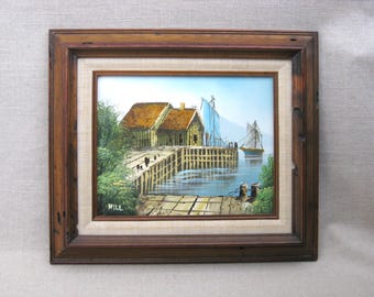 Seaside Harbor Landscape Painting, Original Vintage Marine Sailboat, Framed Nautical Coastal Décor