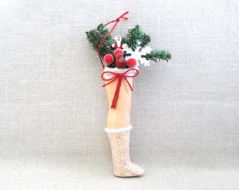 Christmas Tree Ornament, Vintage Doll Leg in Sheer Stocking, Folk Art Boots Odd and Unusual Holiday Hostess Gift