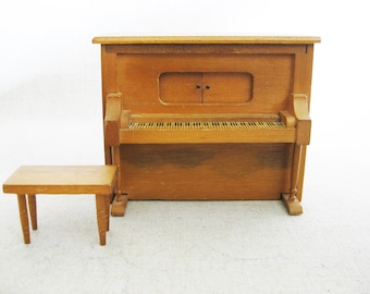 Vintage Piano Music Box Dollhouse Size Musical Instrument with Bench Wooden Toys