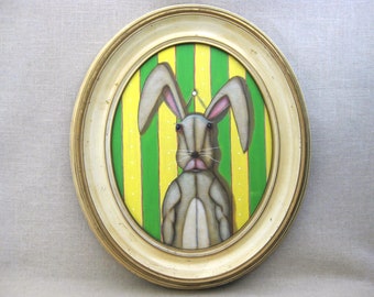Surreal Rabbit Portrait Painting, Original Framed Wall Art, Antique Oval Frame, Nursery Décor