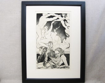 Contemporary Surreal Male Portrait Engraving, Original Framed Female Monkey Wall Art Vintage Fine Art Print