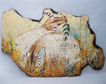 Outsider Animal Painting, Folk Art Original on Wooden Panel, Signed Maggie Blue
