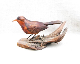 Hand Carved Bird Sculpture, Vintage Wood Statue, Signed Aviary Bird Watcher Art