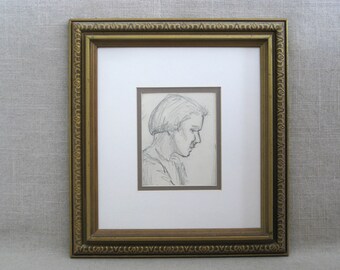 Mid-Century Original Male Portrait Drawing, Pencil on Paper Framed Wall Art Chicago Artist Small Hostess Gift