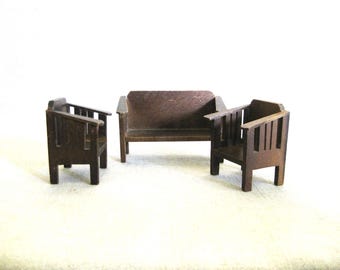Vintage Dollhouse Furniture, Arts and Crafts Mission Style Wood Germany Mid-Century