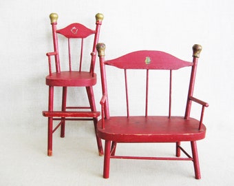Vintage Toy Doll Chairs, Miniature Wooden Settee Red Seating and Display Nursery Décor
