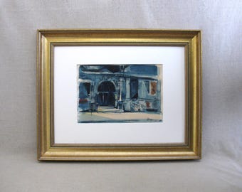 Mid-Century Urban Landscape, Original Watercolor Painting, Framed Architectural Art in Gold Frame