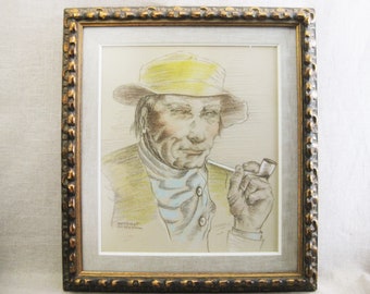 Classical Male Portrait Drawing by Margaret Aaberg, Original Pastels Framed Vintage Wall Art European Style Décor