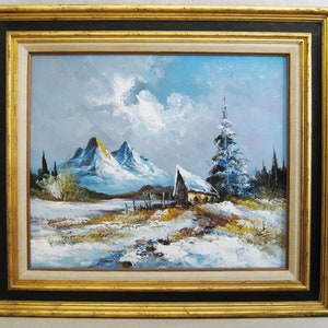 Large Snowy Winter Landscape Oil Painting, Original Vintage Rural Mountain Framed Wall Art