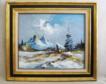 Large Snowy Winter Landscape Oil Painting, Original Vintage Rural Mountain Framed Wall Art