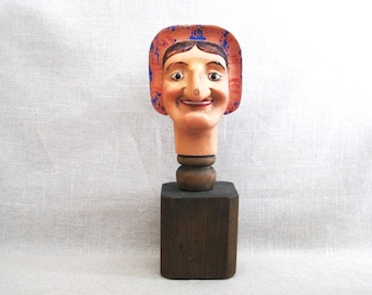 Folk Art Female Bust Figure Sculpture, Vintage Wood Carving Rustic Primitive Décor