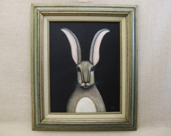 Rabbit Animal Portrait, Hare Wildlife Painting, Framed Original Fine Art