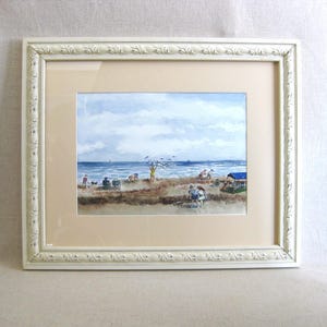 Large Beach Landscape Watercolor Painting, Original Framed Vintage Female Portrait, Wall Art Coastal Home Décor