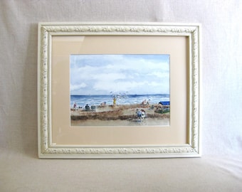 Large Beach Landscape Watercolor Painting, Original Framed Vintage Female Portrait, Wall Art Coastal Home Décor