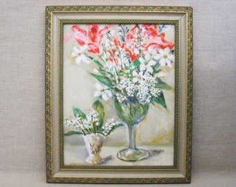Pink and White Floral Still Life Painting, Original Framed Vintage Wall Art, Farm Country Home Décor