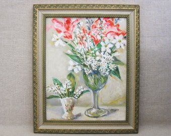 Vintage Flower Painting Floral Still Life Framed Original Fine Art Rustic Cabin and Farm Country Décor