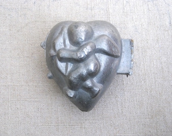 Vintage Pewter Ice Cream Mold, Valentines Heart, Cupid Male Figure