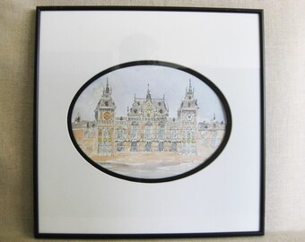 Architectural Watercolor Painting, Framed Original Vintage Wall Art, European Landscape Central Station Amsterdam Home Décor Travel Gift