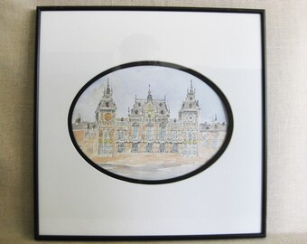 Vintage Architectural Watercolor Painting European Landscape Central Station Amsterdam Framed Original Fine Art