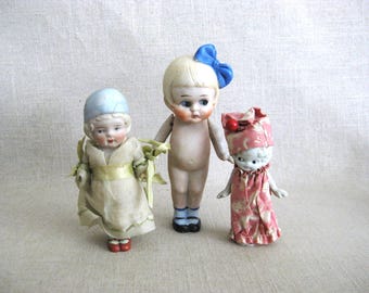 Vintage Bisque Penny Dolls Trio of Girls, Miniatures, Marked Japan Nippon