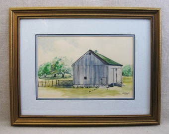 Vintage Landscape Watercolor Painting Barn Framed Original Fine Art Rustic Cabin and Farm Décor