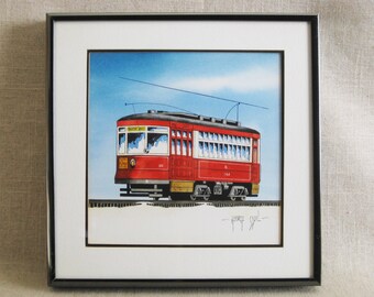 Colorful Train Watercolor Painting, Original Signed George Sperl, Framed Wall Art Nursery Home Décor
