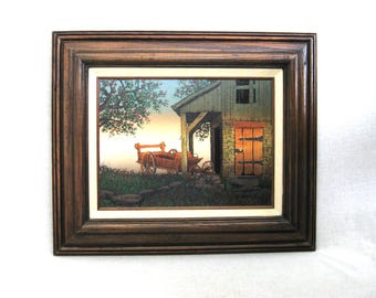 Rustic Barn Landscape Painting, H Hargrove Architecture, Vintage Rural Scenery Framed Original Fine Art