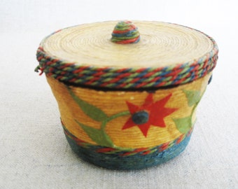 Folk Art Vintage Francis Harvey Lidded Jar Embellished Vanity Box Cottage Craft Storage and Organization