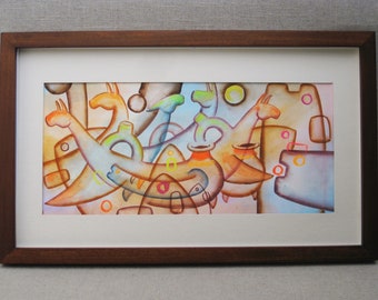 Vintage Surrealist Abstract Painting Gouache, Framed Original Fine Art Modern Art Décor