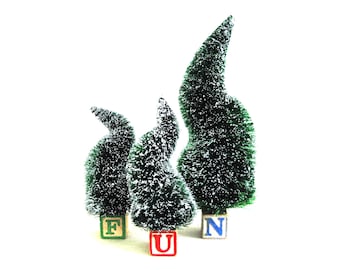 Bottle Brush Trees on Antique Wooden Alphabet Blocks F U N Christmas and Holiday Mantle Décor