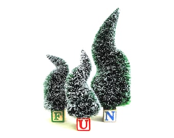 Vintage Bottle Brush Trees on Antique Wooden Alphabet Blocks F U N Christmas and Holiday Mantle Decor