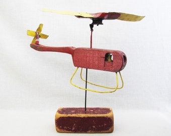 Vintage Folk Art Helicopter Sculpture Primitive Wood Carving Rustic Cabin Décor