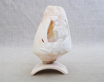 Carved Sea Shell Folk Art Sculpture, Vintage Beach House Décor Coastal Hostess Gift