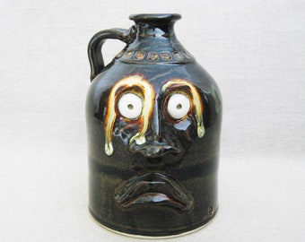 Folk Art Pottery Face Jug, Southern Ceramic Sculpture, Signed Greg, Vintage Rustic Cabin Home Décor Gift