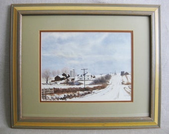 Snowy Winter Landscape Watercolor Painting, Vintage Original Barb Kenyon Framed Wall Art Cabin Home Décor