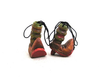 Vintage Miniature Boots Folk Art Sculpture Carving Wooden Shoe Pair Primitive Rustic Décor Tree Ornament