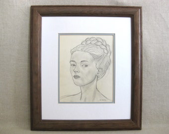 Vintage Female Portrait Drawing Pencil on Paper Framed Original Fine Art Hilda Wilson Chicago Artist