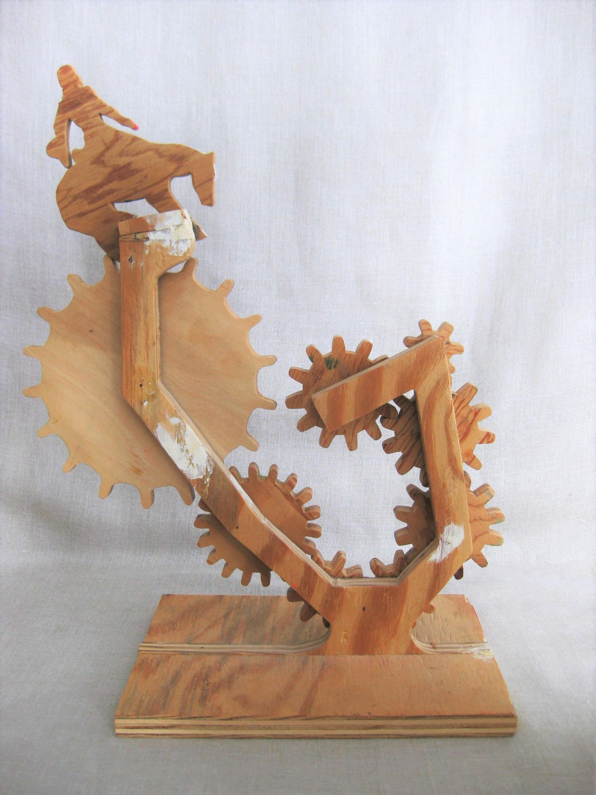 Vintage Folk Art Mechanical Wooden Toy, Hand Crank, Sculpture, Rodeo, Horses, Cowboy