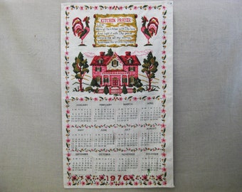 Vintage Linen Tea Towel with Rooster Dish Cloth 1976 Calendar