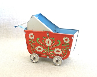 Vintage Miniature Baby Carriage, Litho Tin Antique Dollhouse Toys